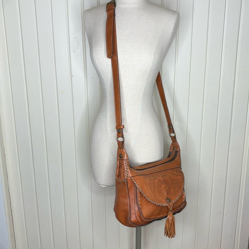 Patricia Nash Camila 2 Zip Hobo Brown Leather Crossbody Bag